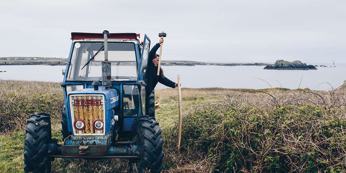 Charlène Créac’h met en place un enclos, poteau en bois planté à la masse !